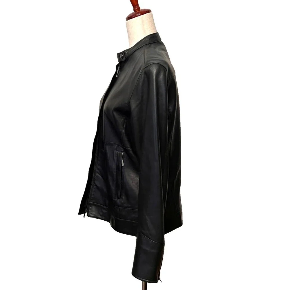 Faconnable Women's M Black Lambskin Leather Moto Jacket City Biker Rock Gothic - Picture 4 of 11